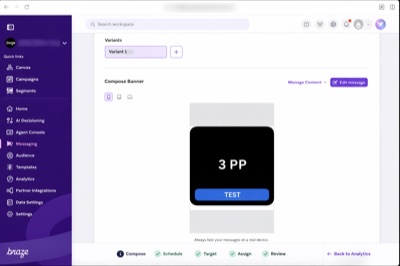 Braze dashboard composing an in-app banner reading “3 PP” with a “TEST” button.