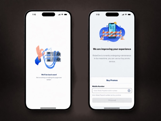 Two iPhone screens: a “We'll be back soon” maintenance page, and the fallback “We are improving your experience” page that still lets users buy promos.