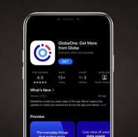 GlobeOne's App Store listing on an iPhone: 4.5 stars from 178K ratings, No. 3 in Utilities.